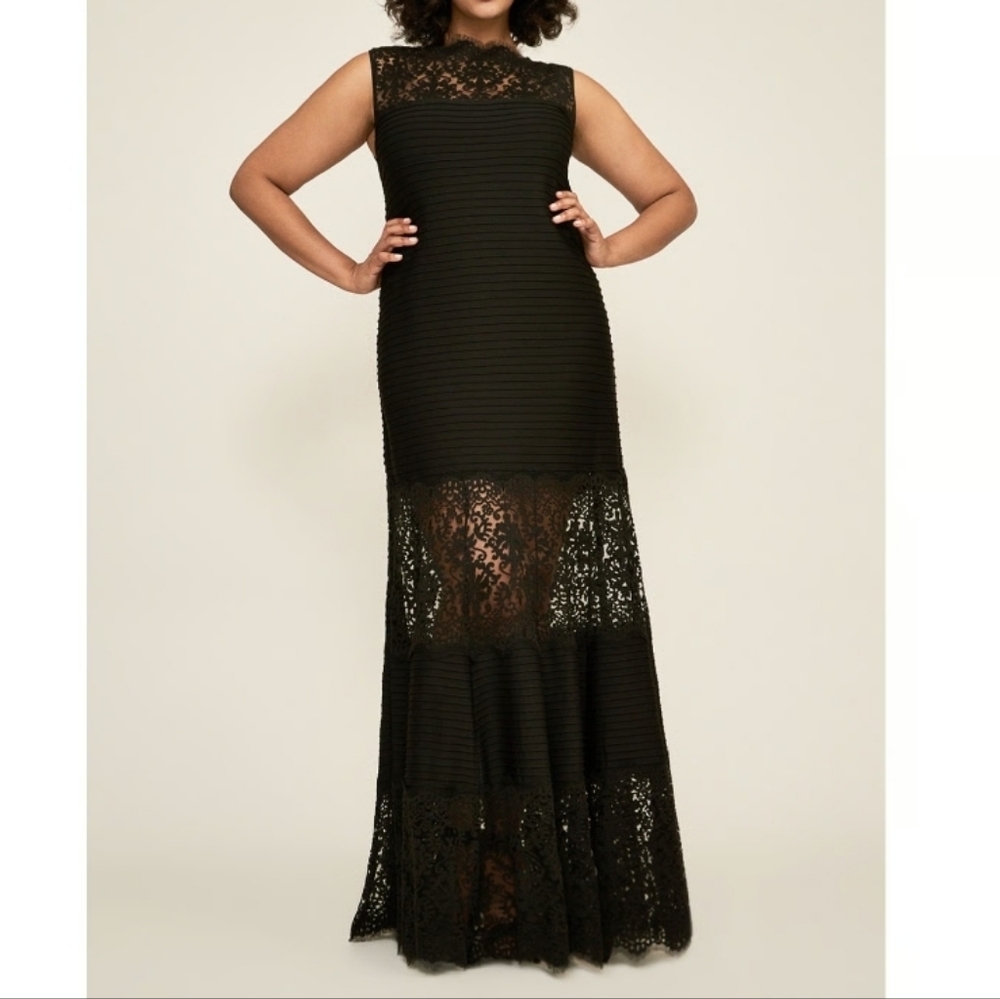 TADASHI SHOJI black lace formal maxi dress evening gown high neck XL see thru